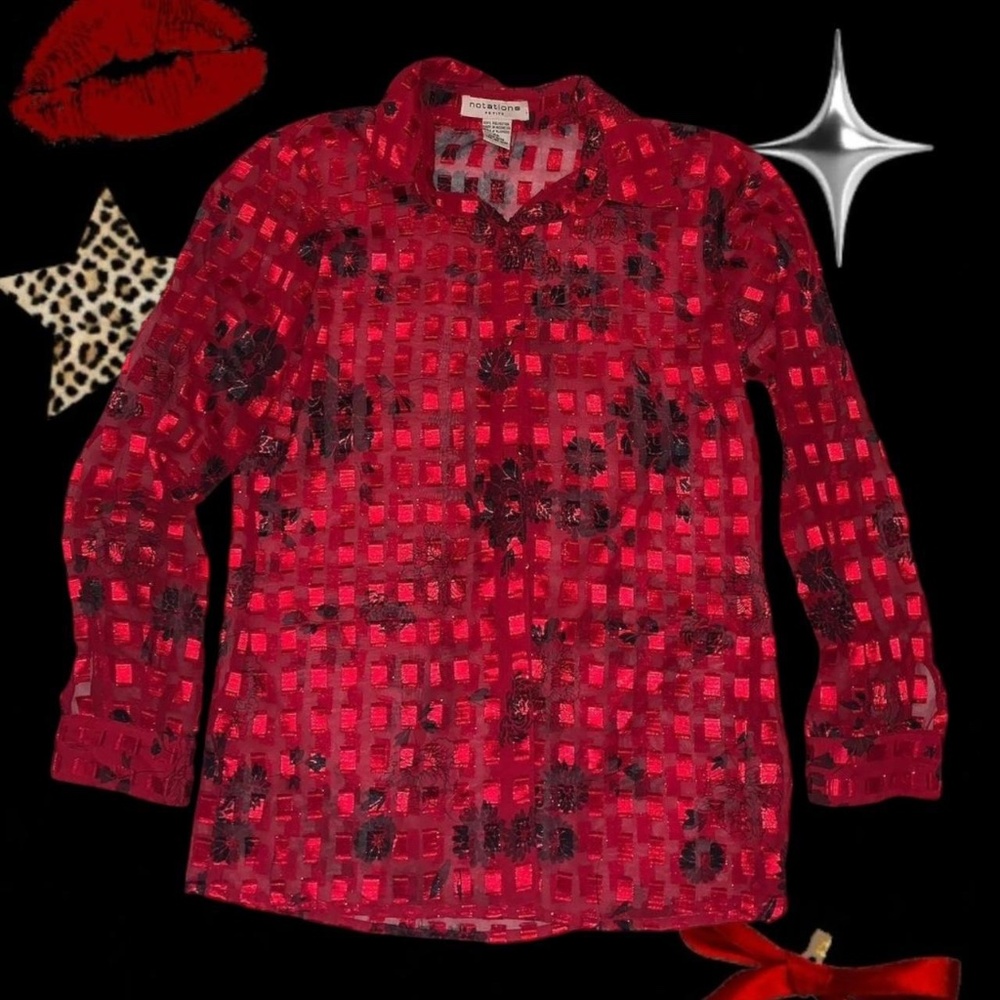 Red sheer button down with sparkly thread and black floral pattern.